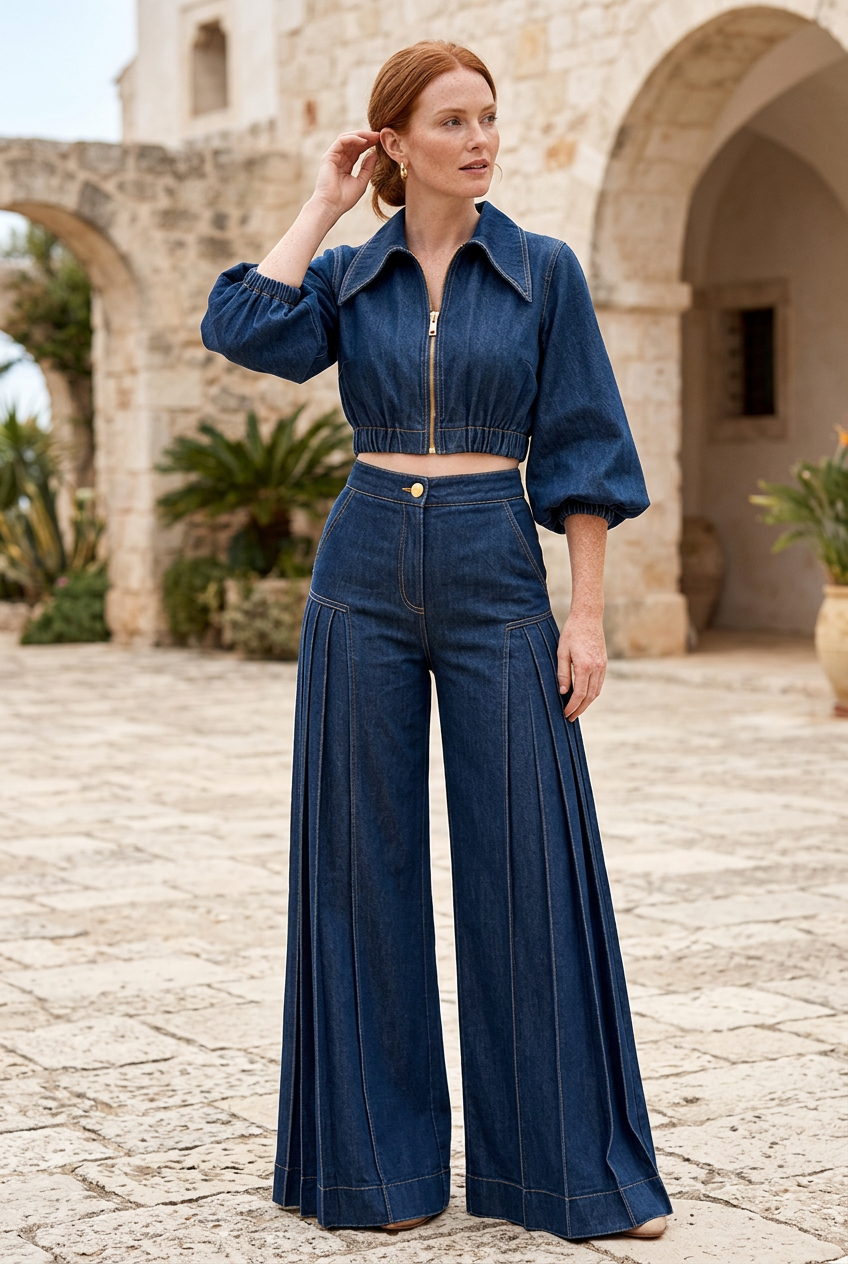White model posing in a coastal courtyard