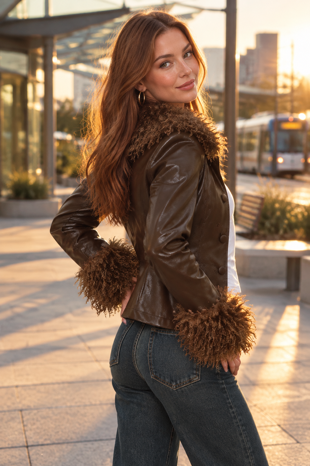 White model turning toward the camera at a plaza in the PU jacket