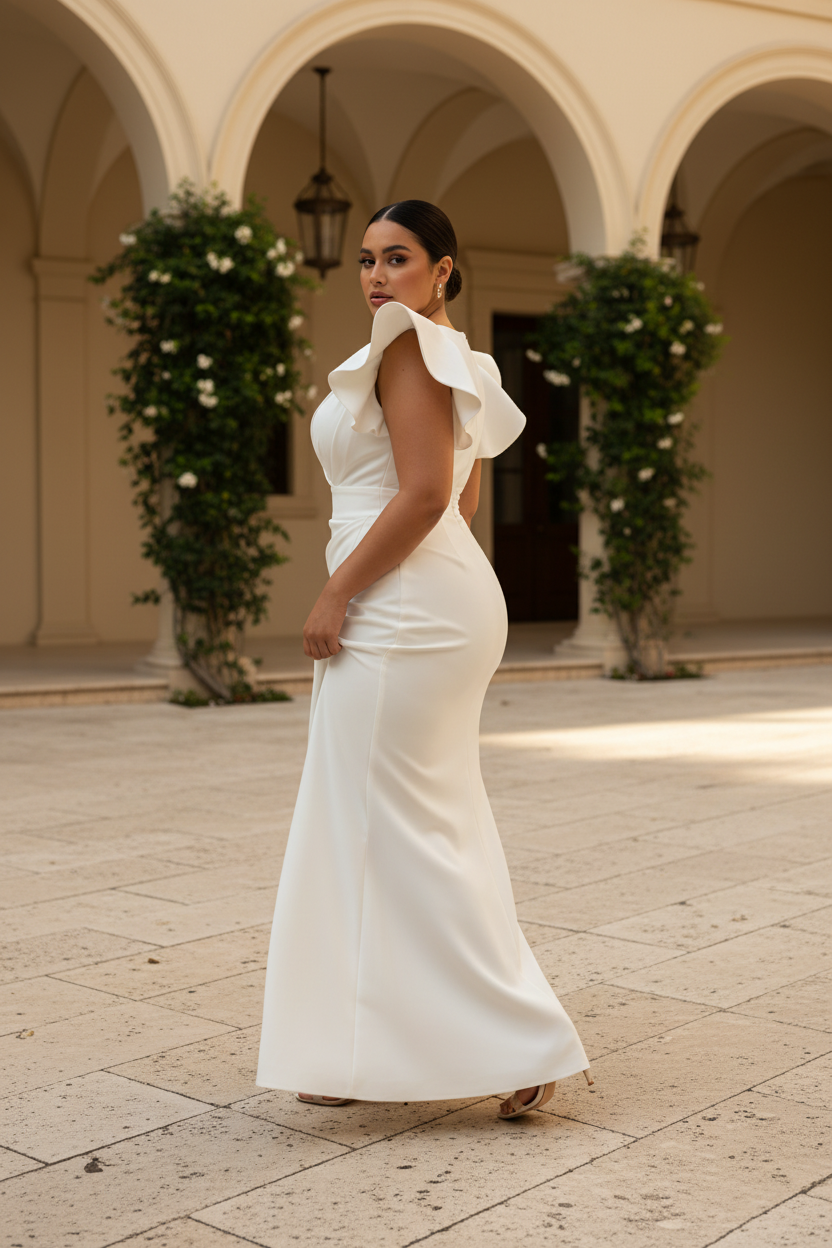 White ruffle dress in a sunlit hotel courtyard