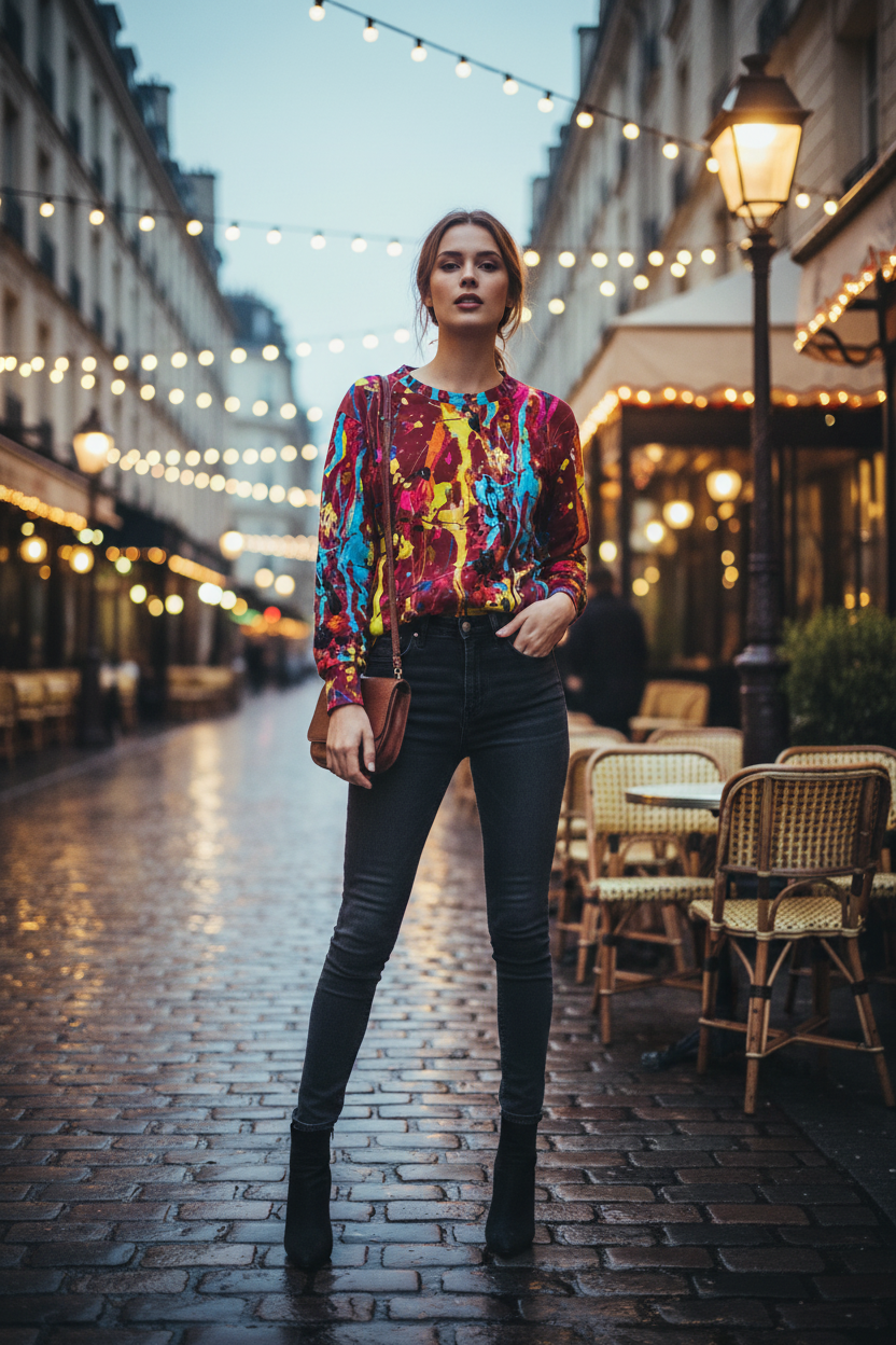 White woman in burgundy paint splatter sweatshirt, Paris café setting