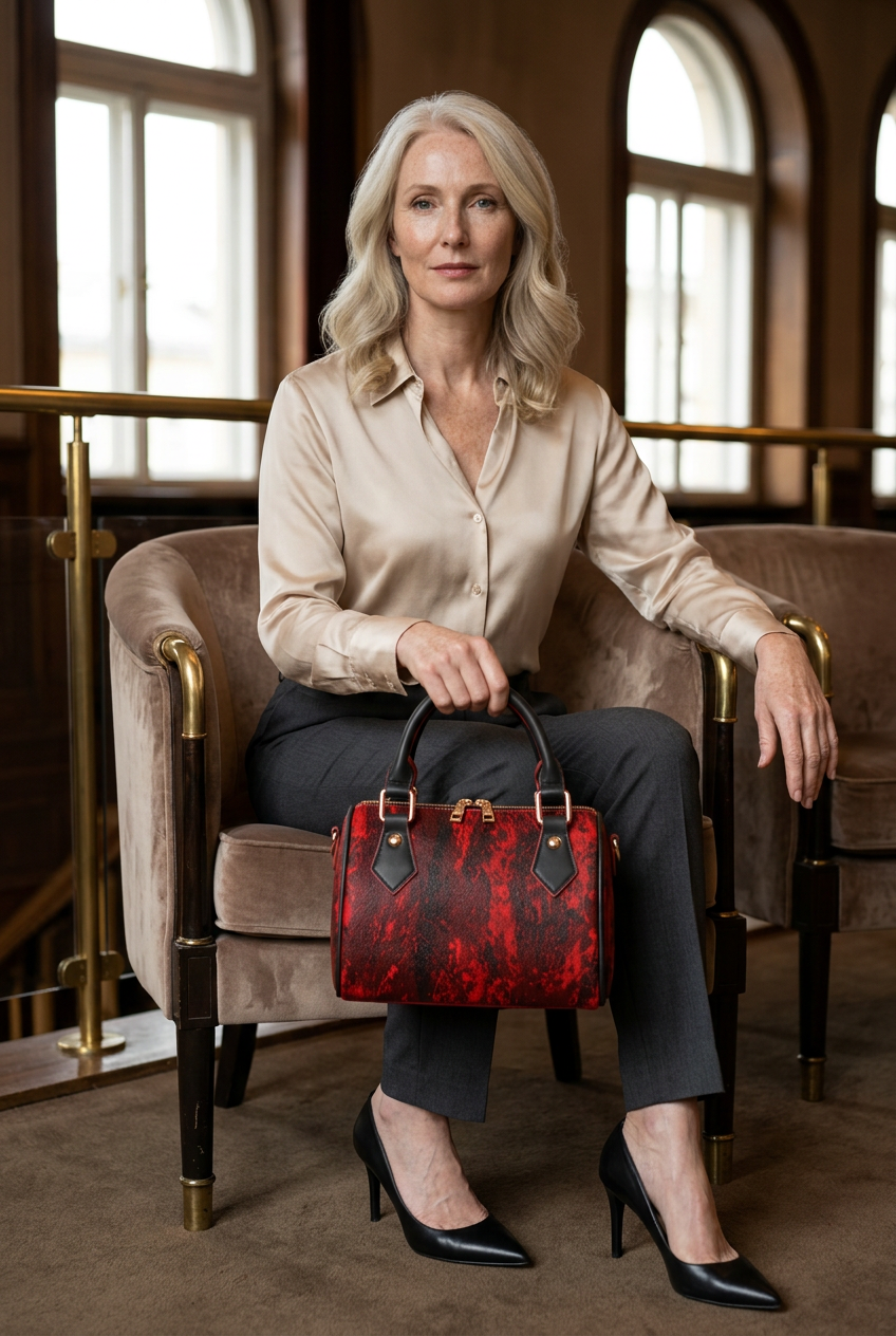 White woman in champagne satin holding the handbag in a concert-hall patron lounge