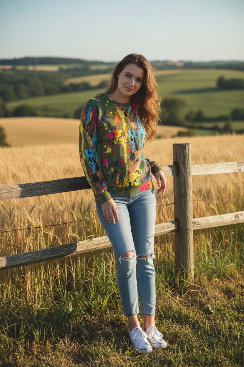 White woman in olive green paint splatter sweatshirt, countryside setting