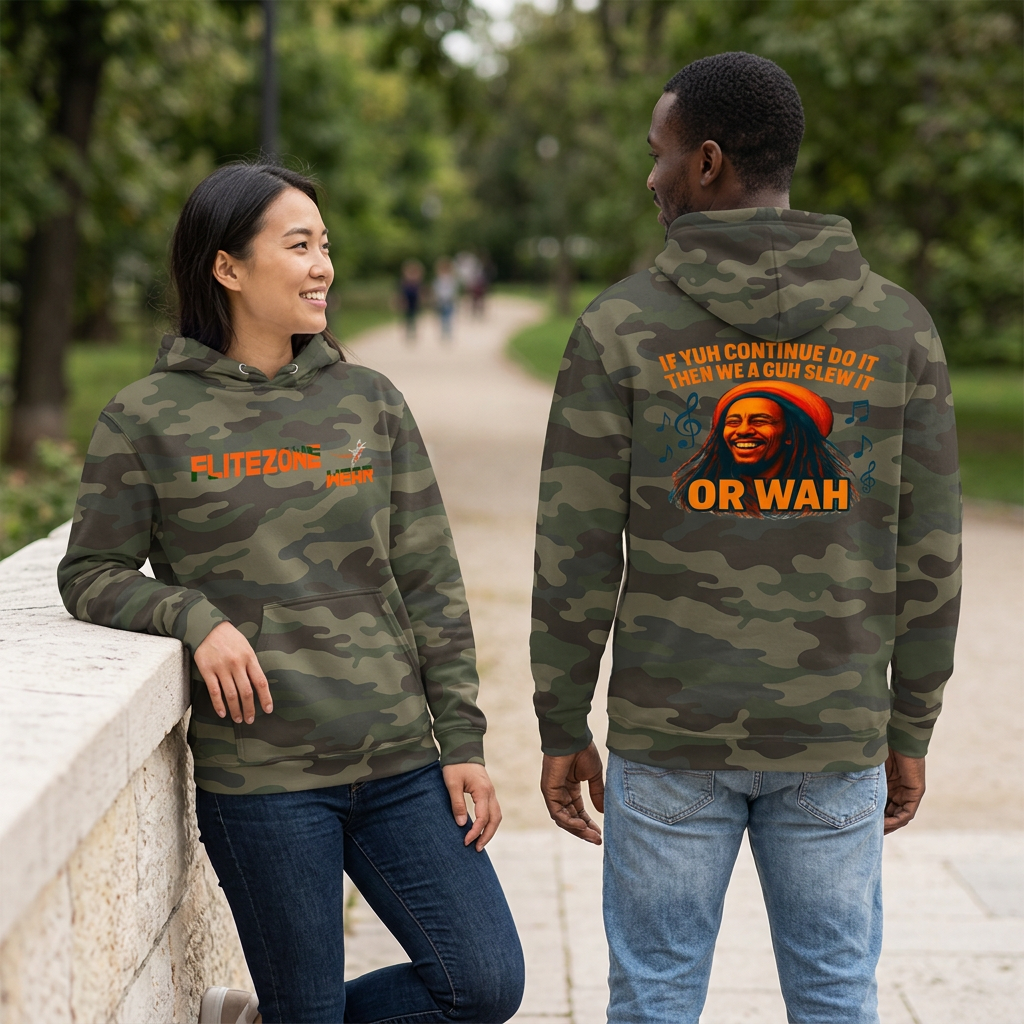 Woodland camo hoodie lifestyle image with woman showing the front and man showing the back in a park