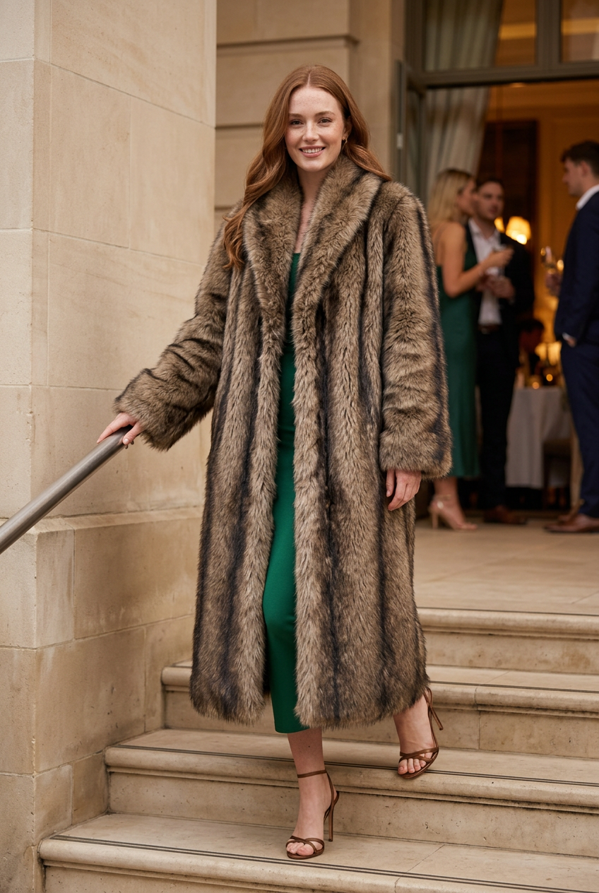 Young adult model in long fur coat at a cocktail party