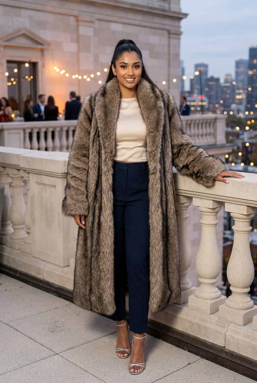 Young adult model in long fur coat at rooftop cocktails