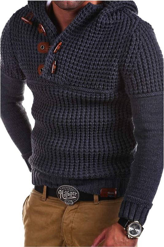 men's solid color lapel collar diagonal button horn button pullover sweater
