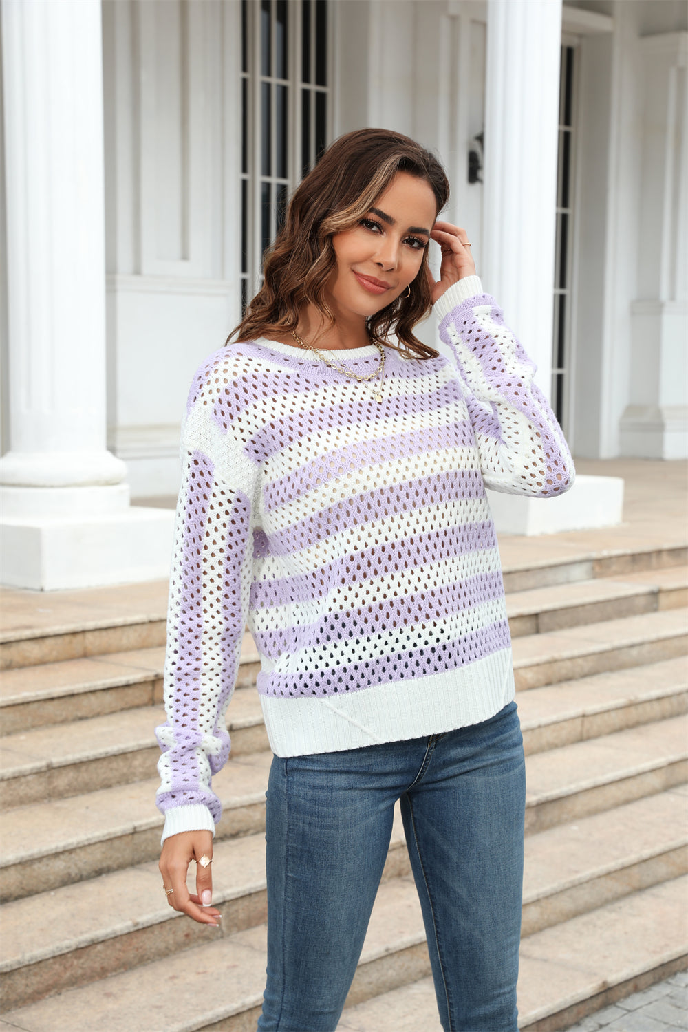 early autumn women hollow out cutout striped crew neck long sleeves knitwear oversized pullover