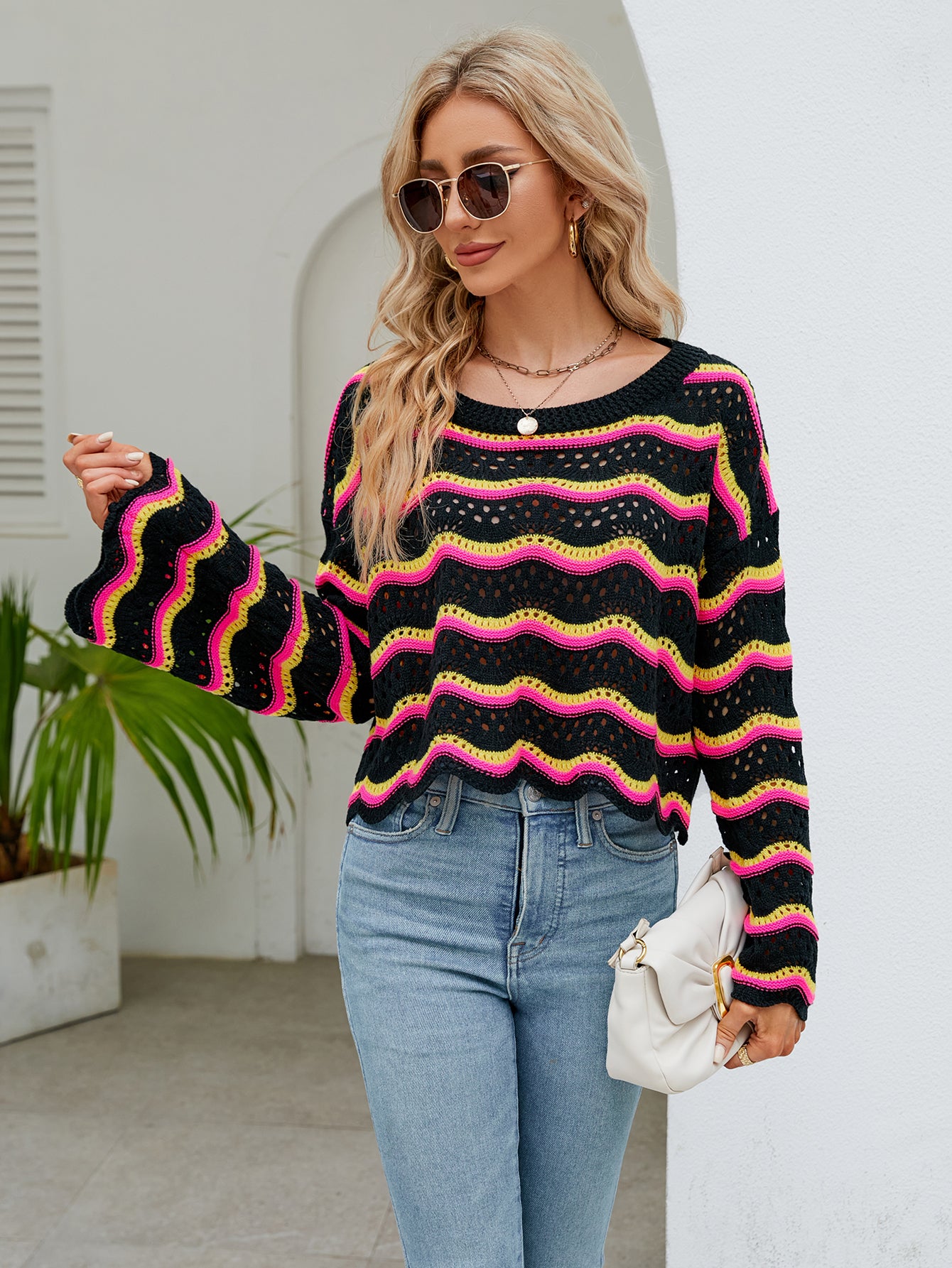 autumn winter women clothing long sleeve round neck knitted striped sweater women