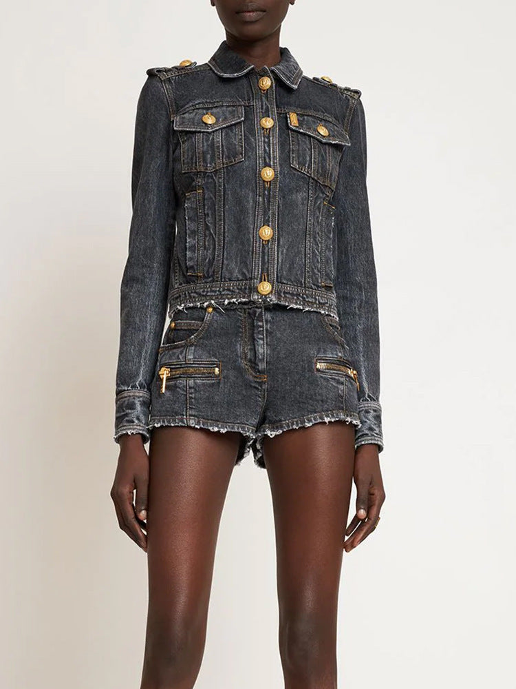 goods autumn winter star lion head button slim wash denim jacket coat