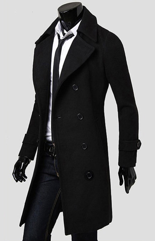 men's double breasted lengthened simple wool coat