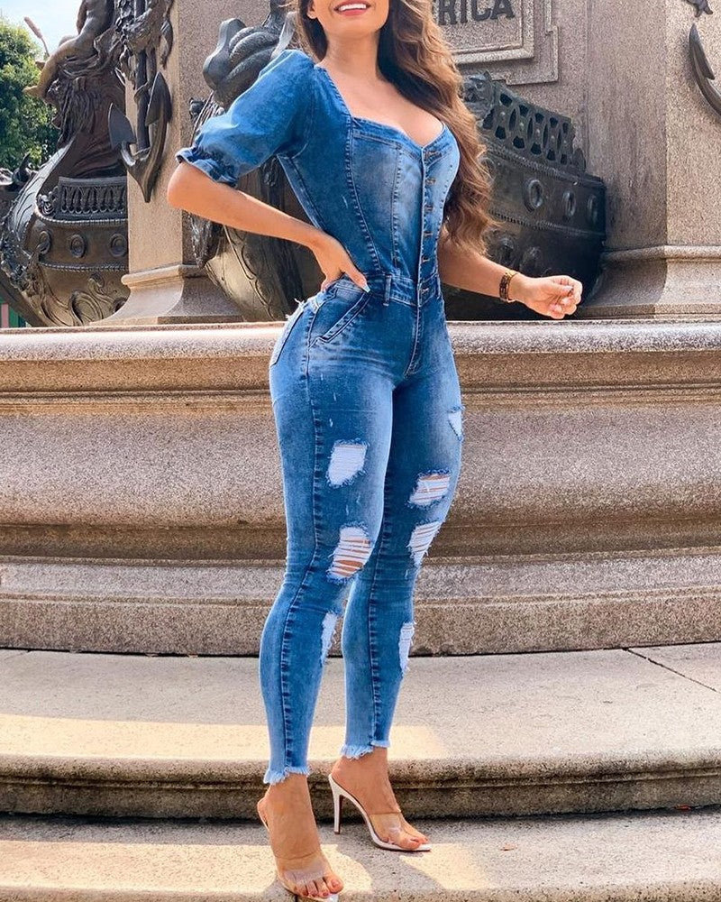 FZ Women's Ripped Design Denim Jumpsuit - FZwear