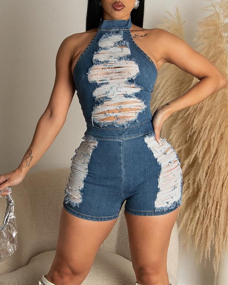 FZ Women's Ripped Denim Romper Jumpsuit - FZwear
