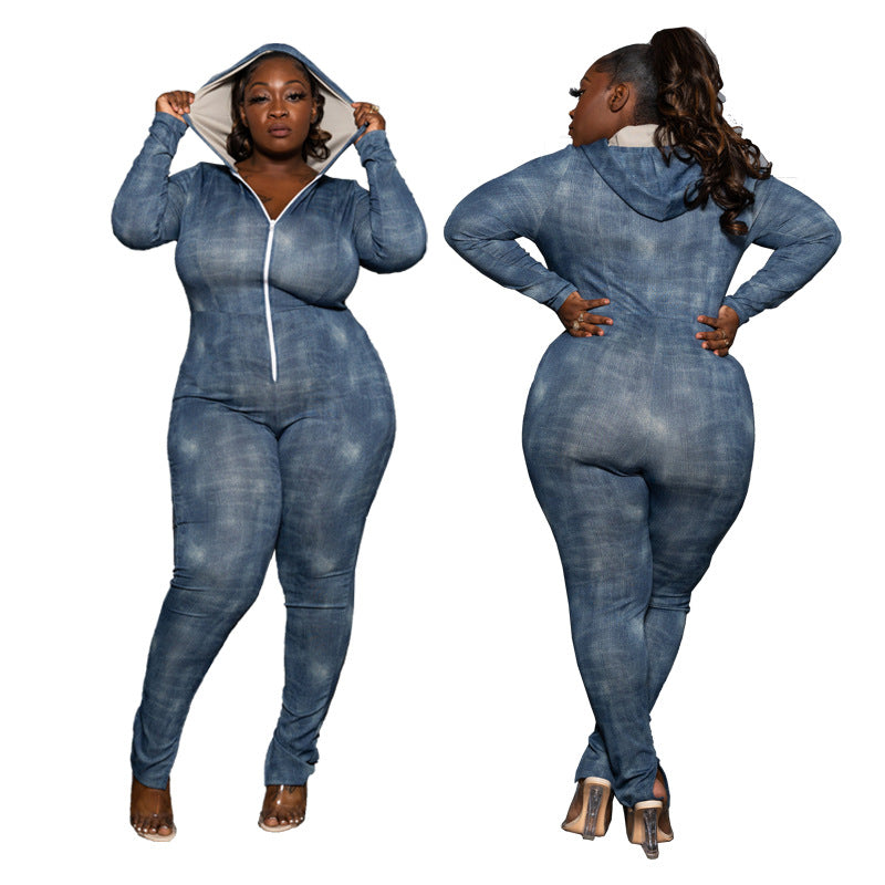fz plus size women's denim one piece hoodie jumpsuit