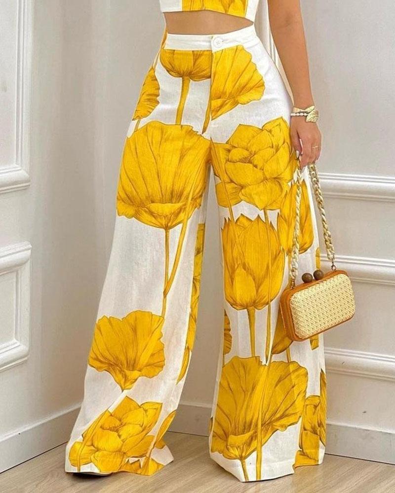 FZ Women's Plants Print Wide Leg Pants Suit - FZwear