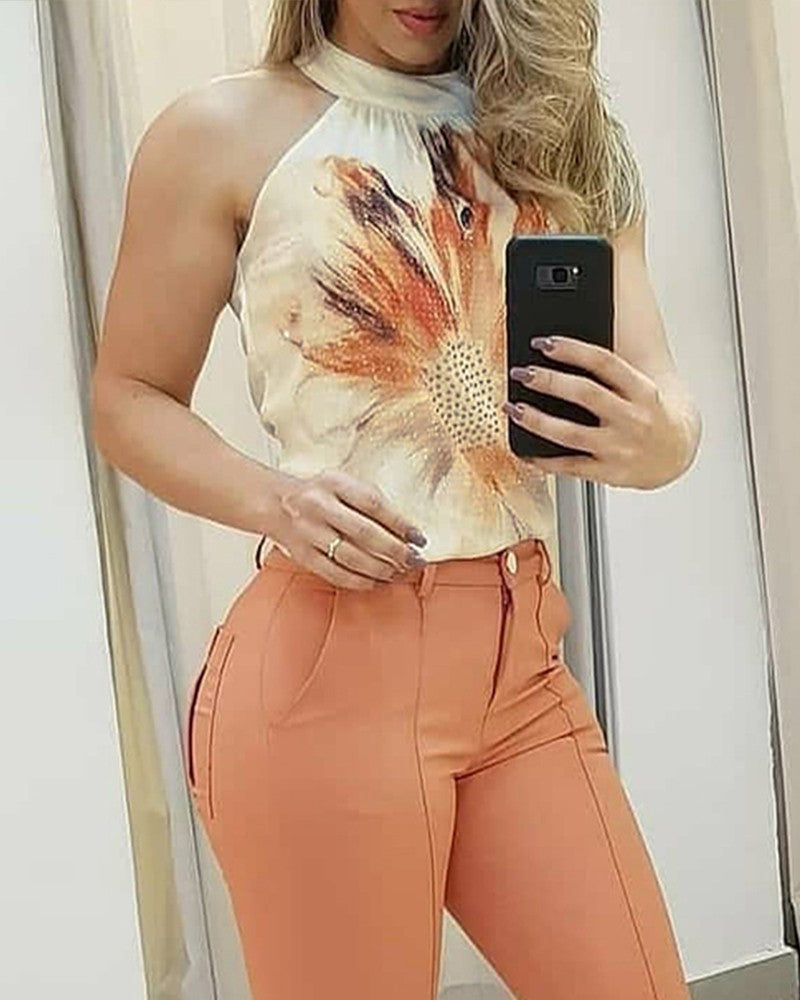 FZ Women's Floral Pattern Print Sleeveless Top & Plain Pants Set - FZwear