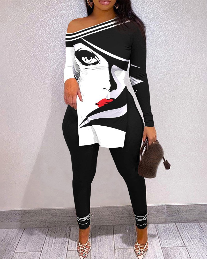 FZ Women's Figure Print Split Hem Pants Suit - FZwear