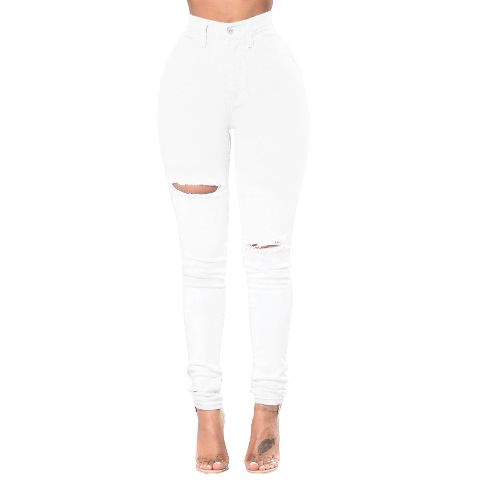 white high-waist ripped jeans plus size women pants