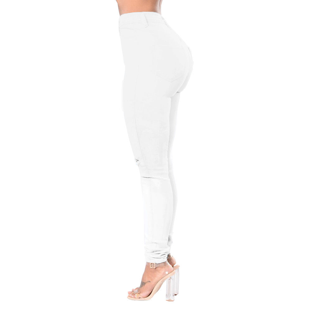 white high-waist ripped jeans plus size women pants