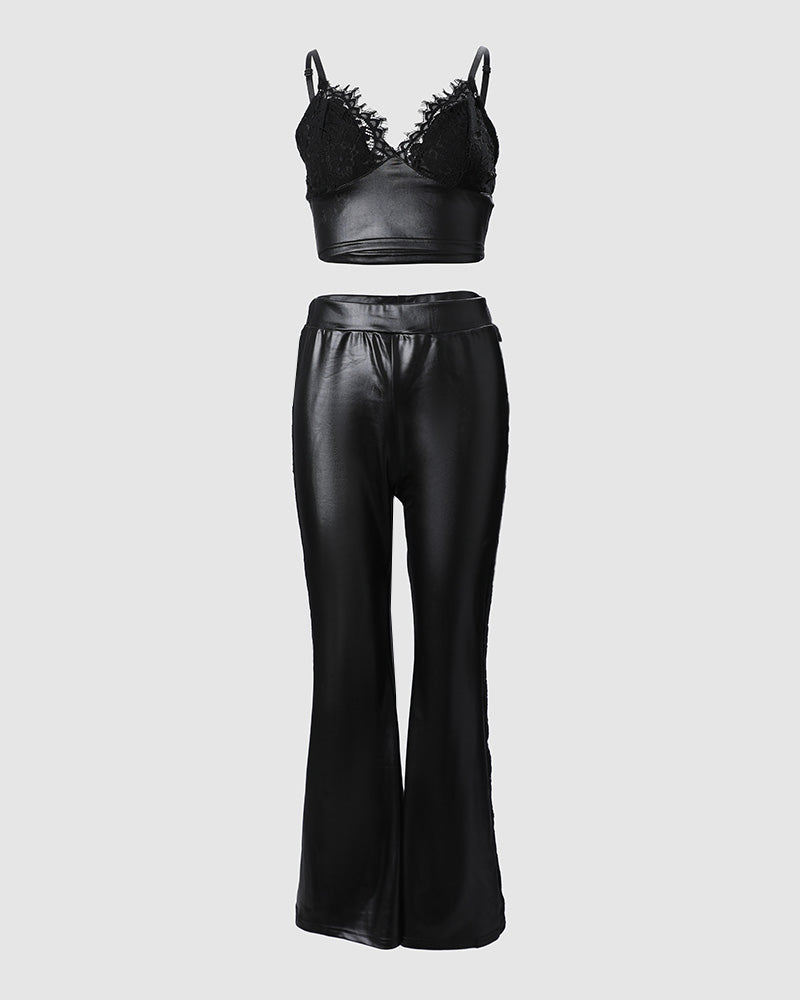 FZ Women's Crochet Eyelash Lace PU Leather Flared Pants Suit - FZwear