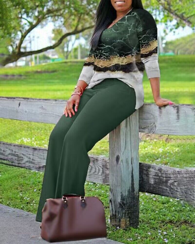 FZ Women's Plus Size Marble Print High Waist Pants Suit - FZwear