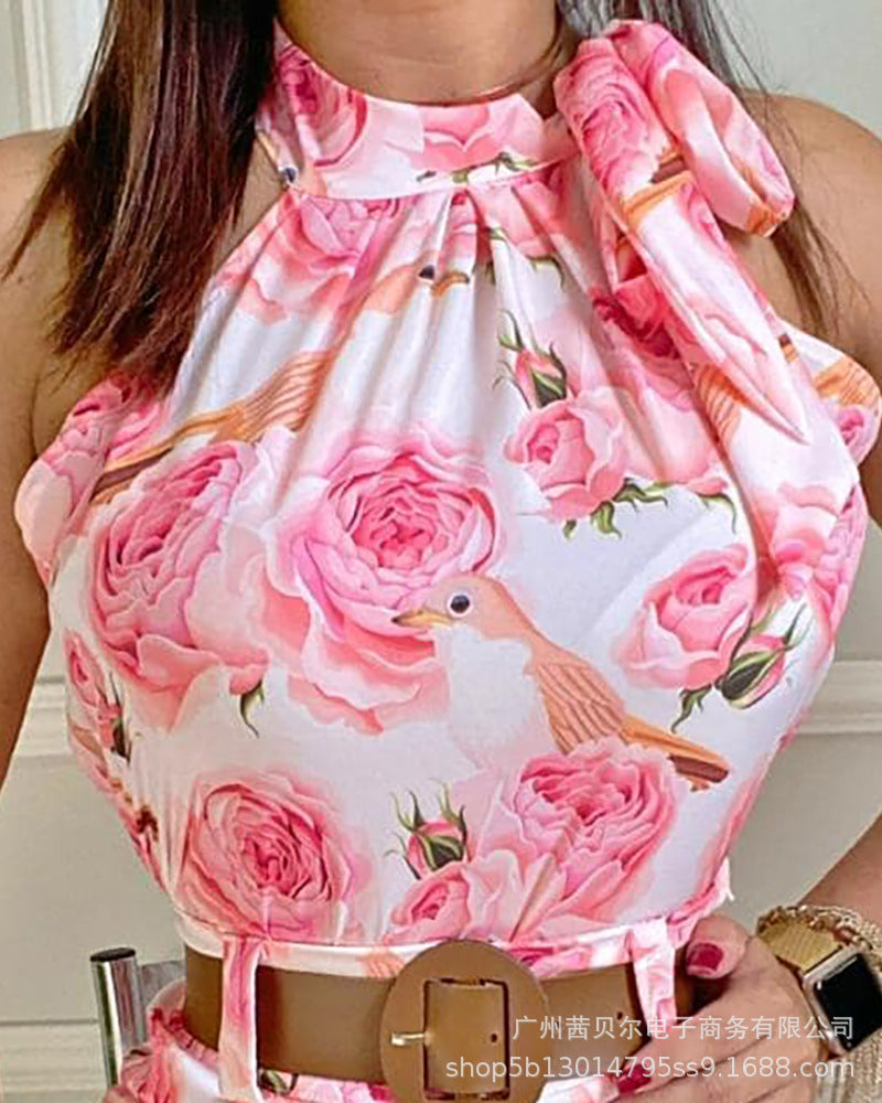 FZ Women's white floral print casual shorts suit - FZwear