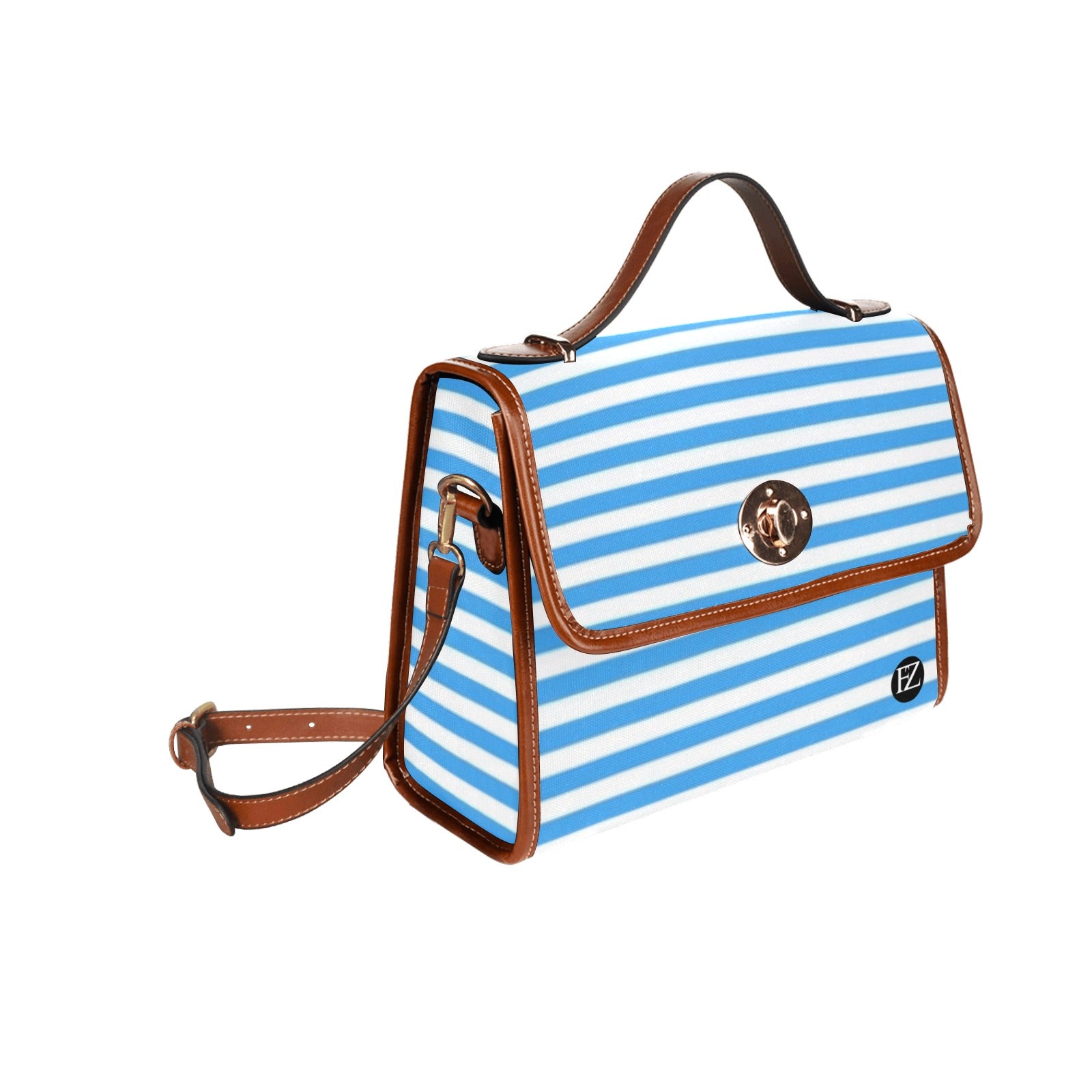 fz blue strip handbag all over print waterproof canvas bag(model1641)(brown strap)