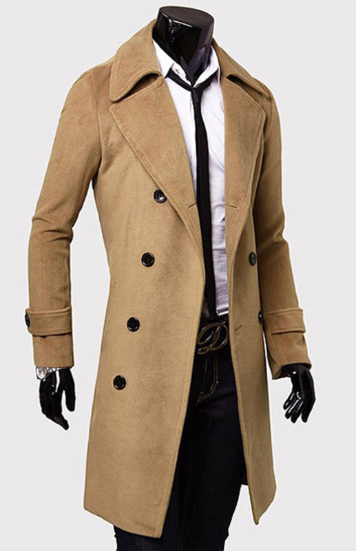 men's double breasted lengthened simple wool coat