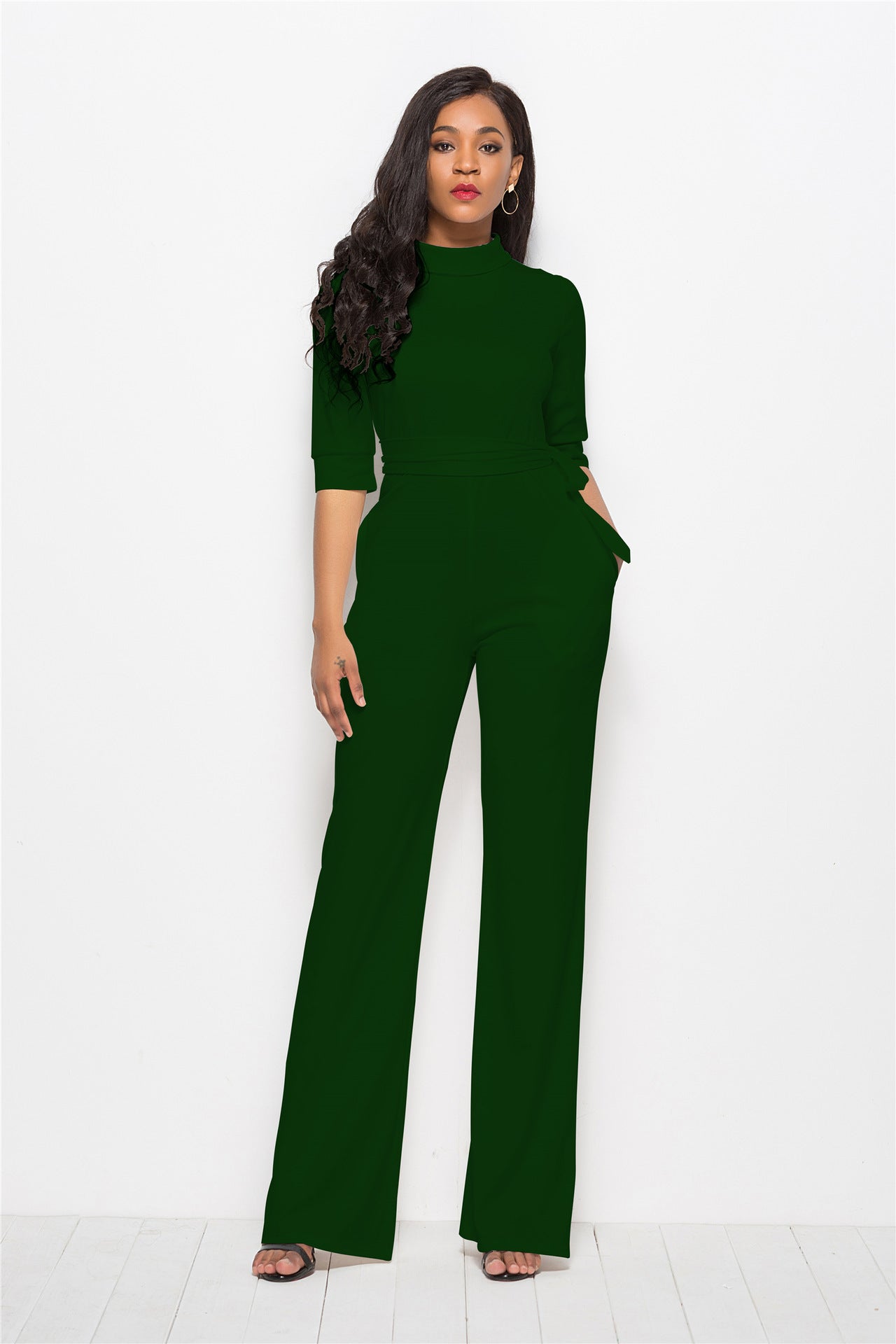 women sexy solid color half sleeve stand collar one-piece wide-leg jumpsuit
