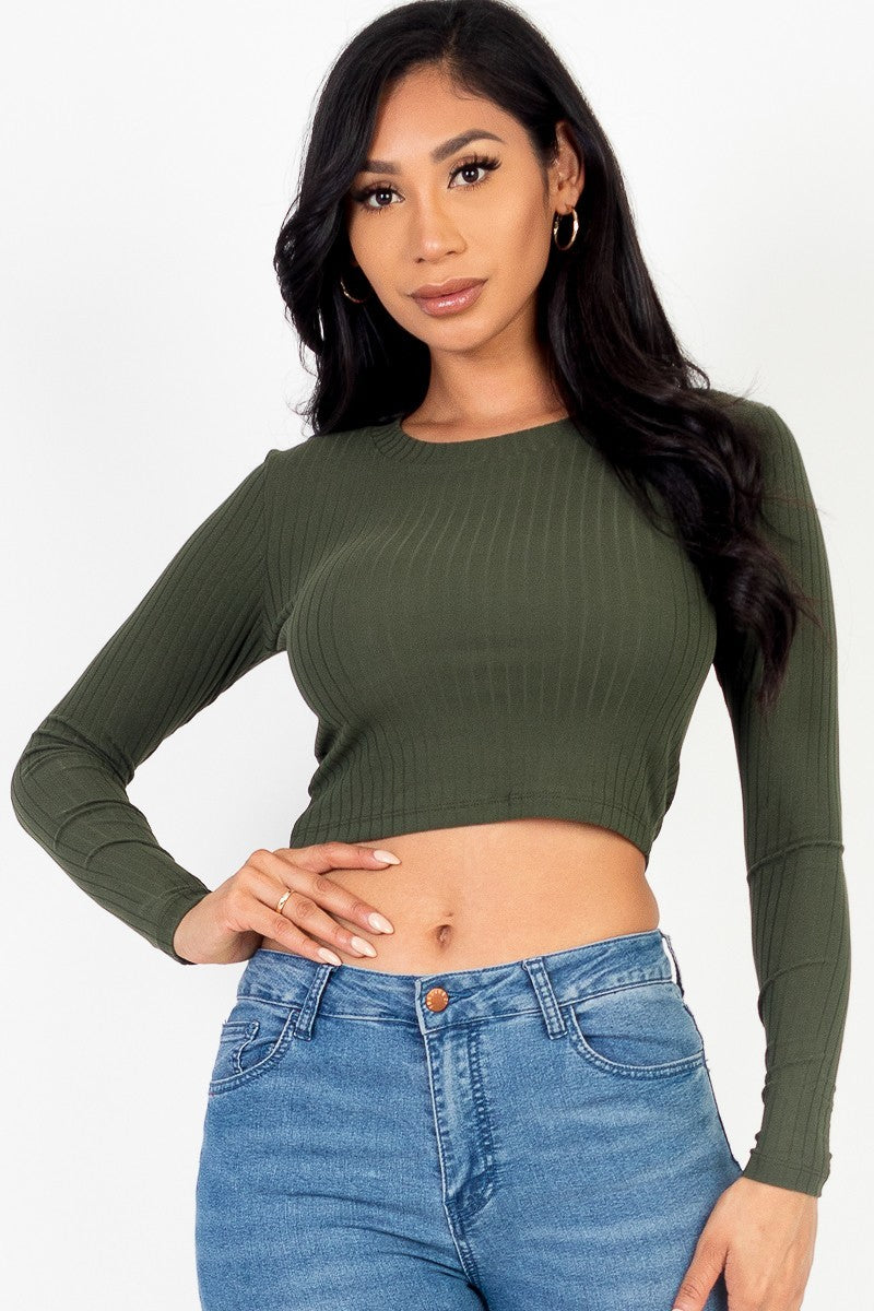 long sleeve round neck basic crop top