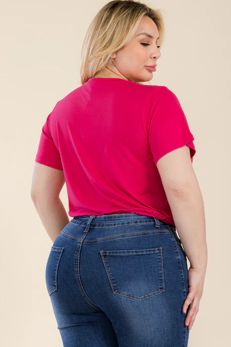 plus size tie front drawstring short sleeve crop top