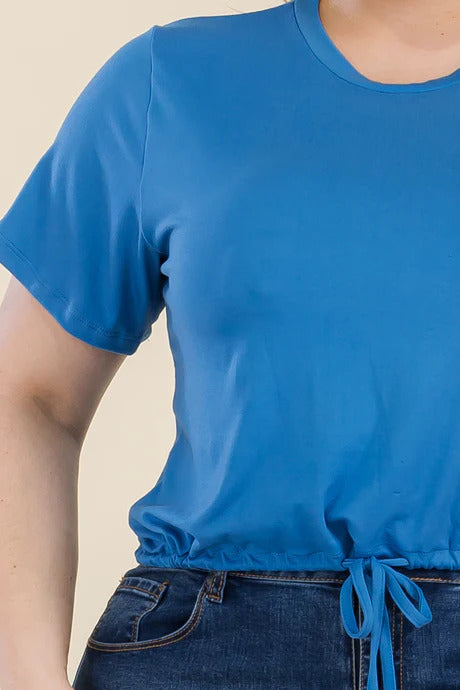 plus size tie front drawstring short sleeve crop top