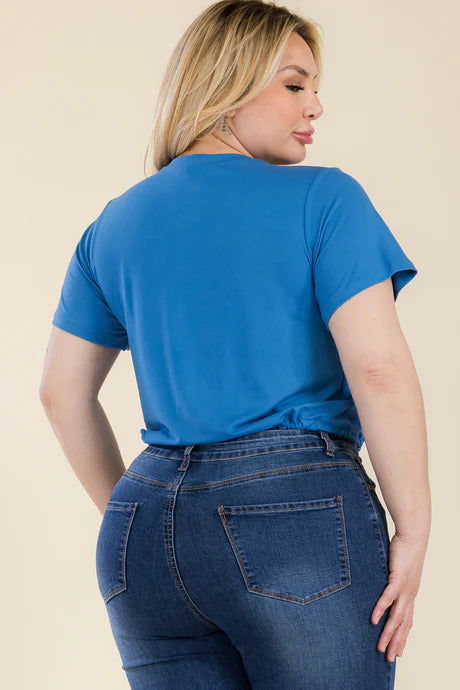 plus size tie front drawstring short sleeve crop top