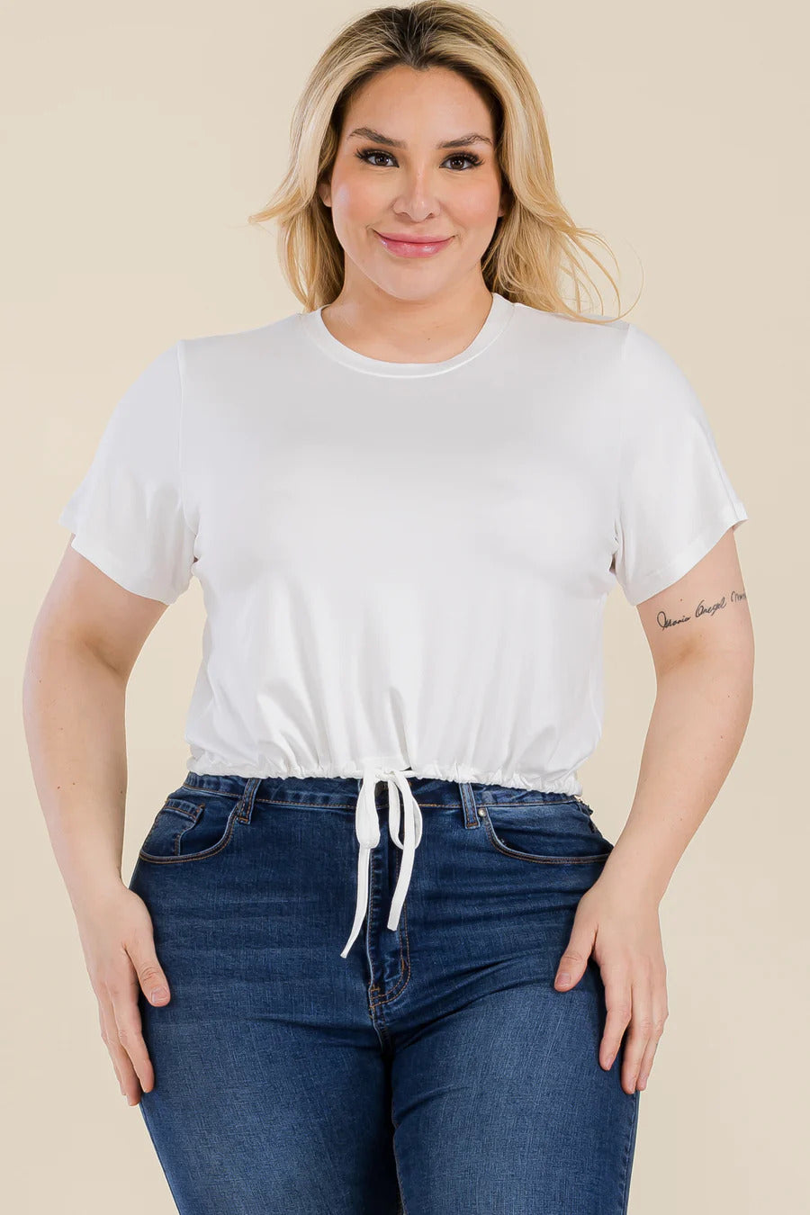 plus size tie front drawstring short sleeve crop top