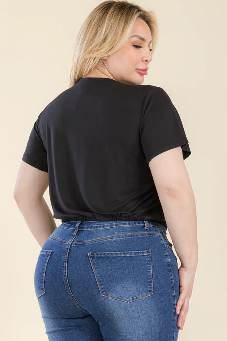 plus size tie front drawstring short sleeve crop top