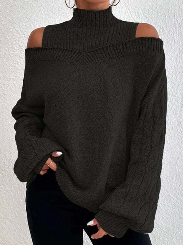 women's solid color turtleneck cut-out off-the-shoulder long-sleeved sweater