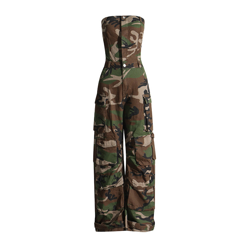 personalized fashionable camouflage pattern women jumpsuit bandeau slim fit slimming work clothes women casual pants