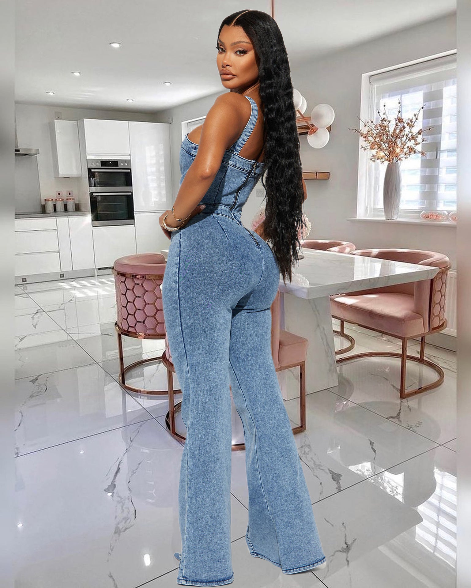 denim jumpsuit women slim fit bodysuit waist tight washed suspender jumpsuit