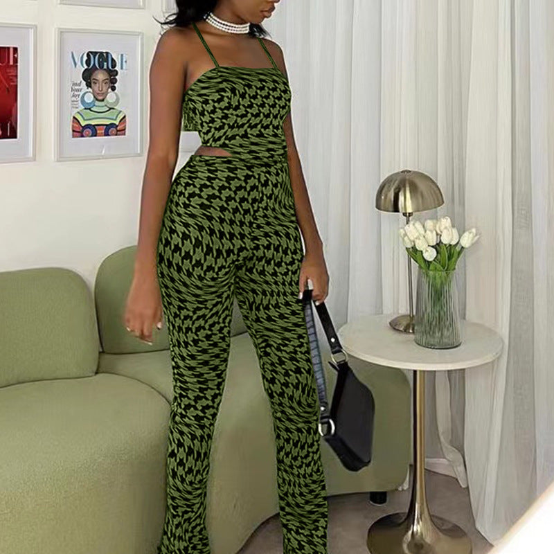suit green printing vest wide leg pants casual two piece suit