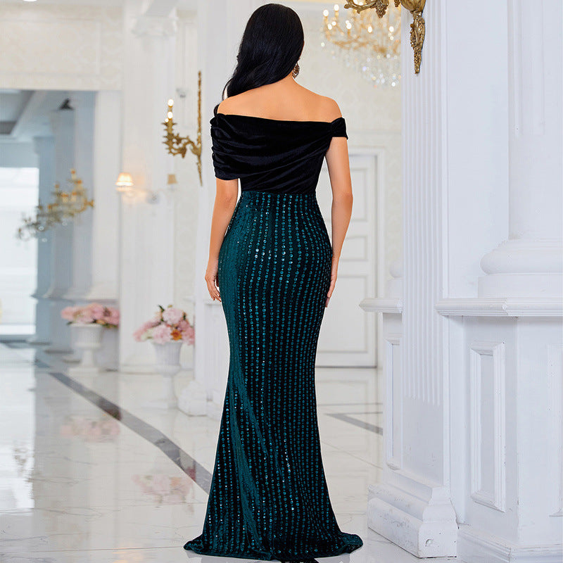 summer high-end green off-neck sequined banquet sheath fishtail evening dress for women