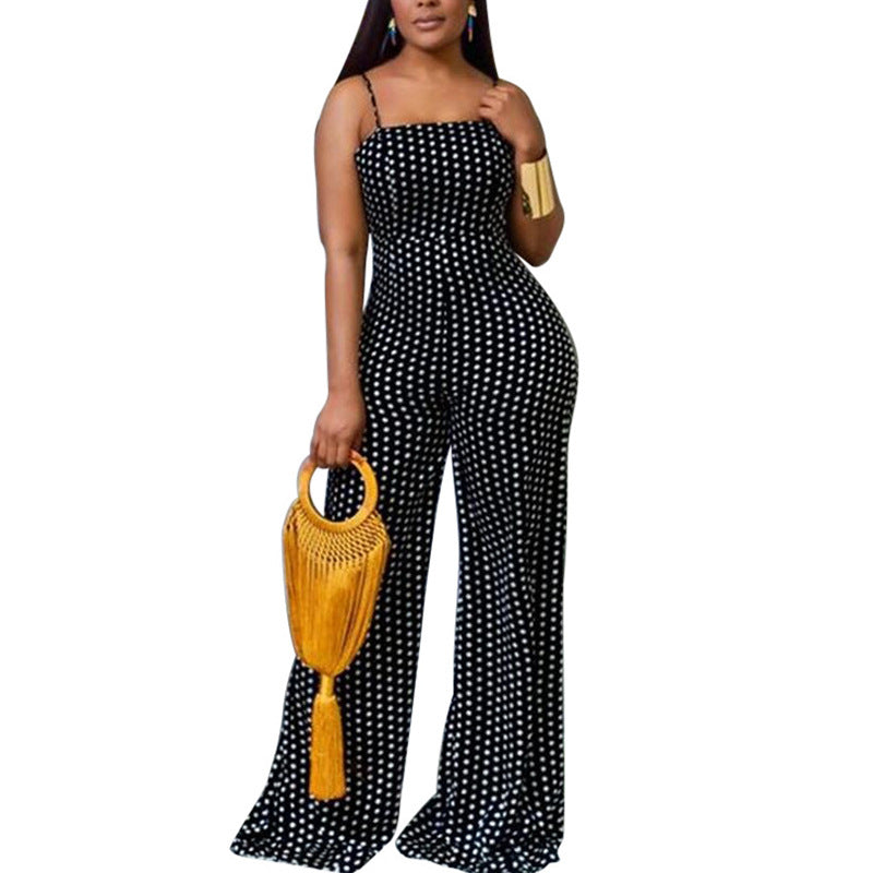 women wear spot print chest wrapped suspender jumpsuit