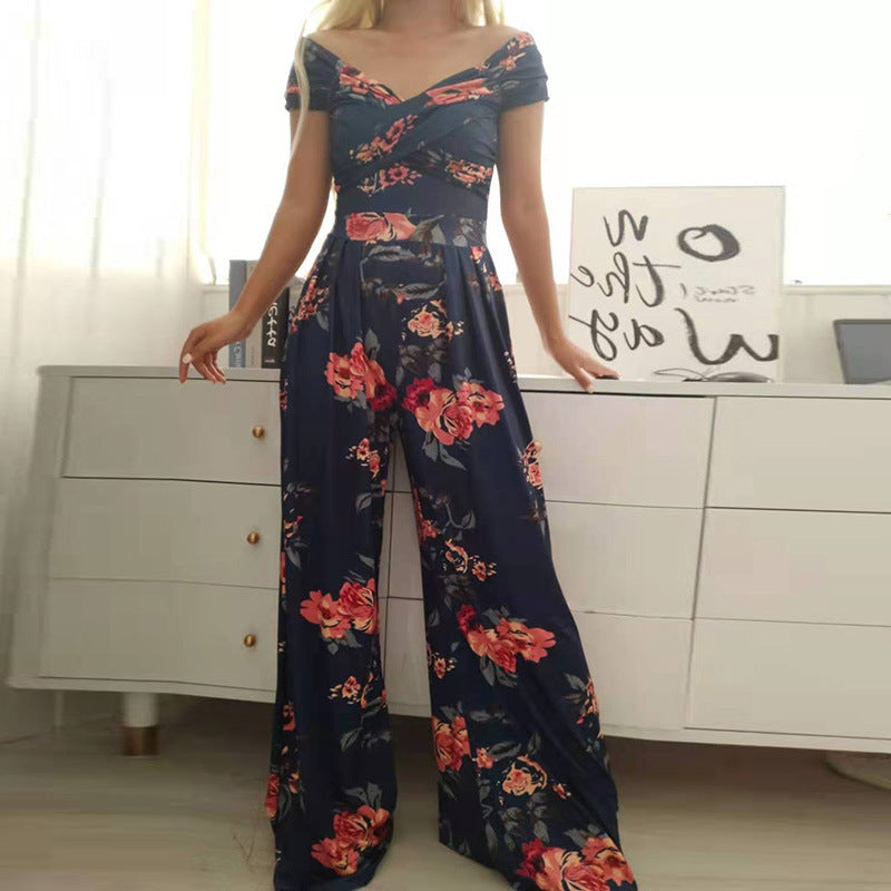 spring autumn women clothing off shoulder printing office printed waist controlled jumpsuit
