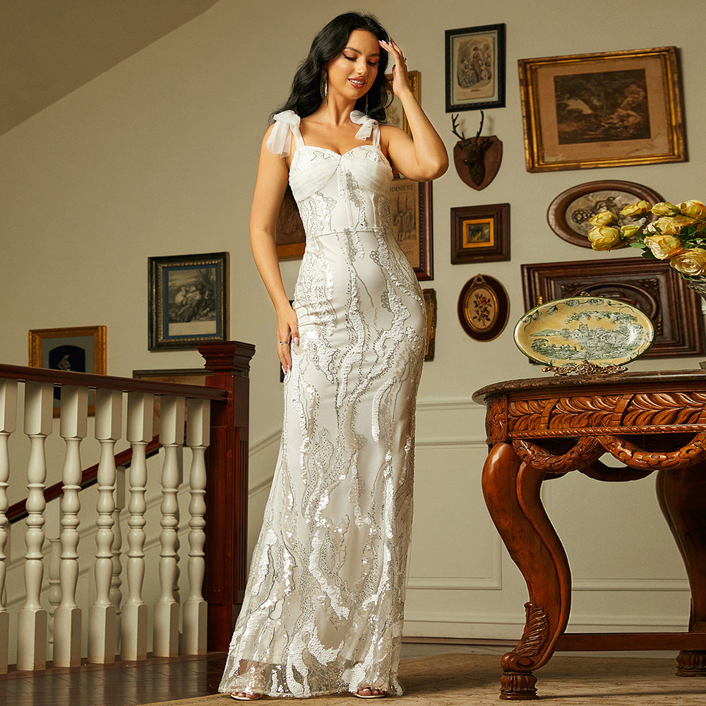 sleeveless elegant sexy long sequined off neck backless evening dress bridesmaid dress sequin tie