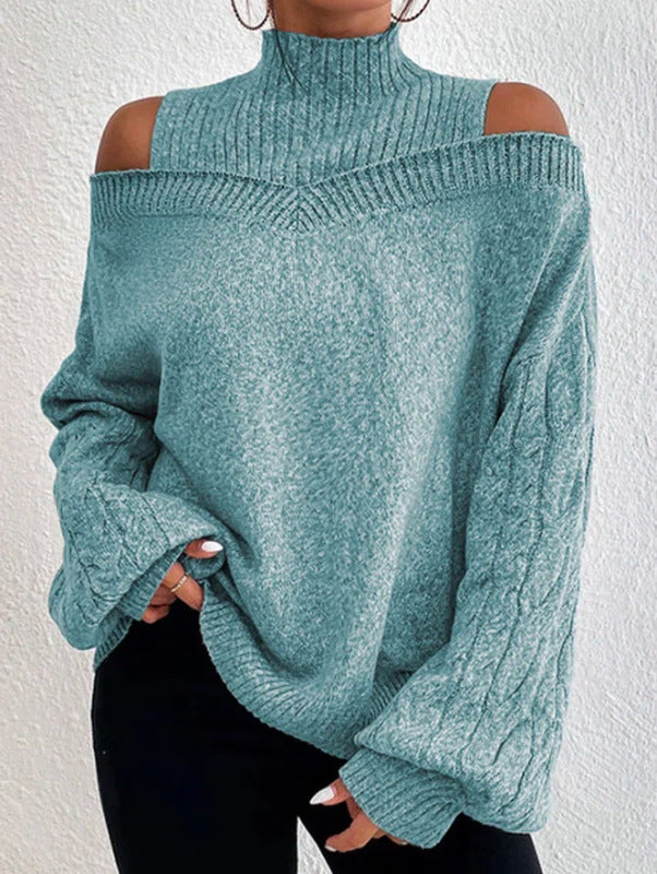 women's solid color turtleneck cut-out off-the-shoulder long-sleeved sweater