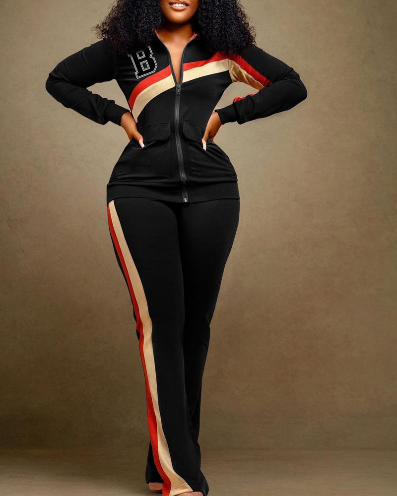 FZ Women's Paneled Letter Print Zip Up Top & Pants Suit - FZwear