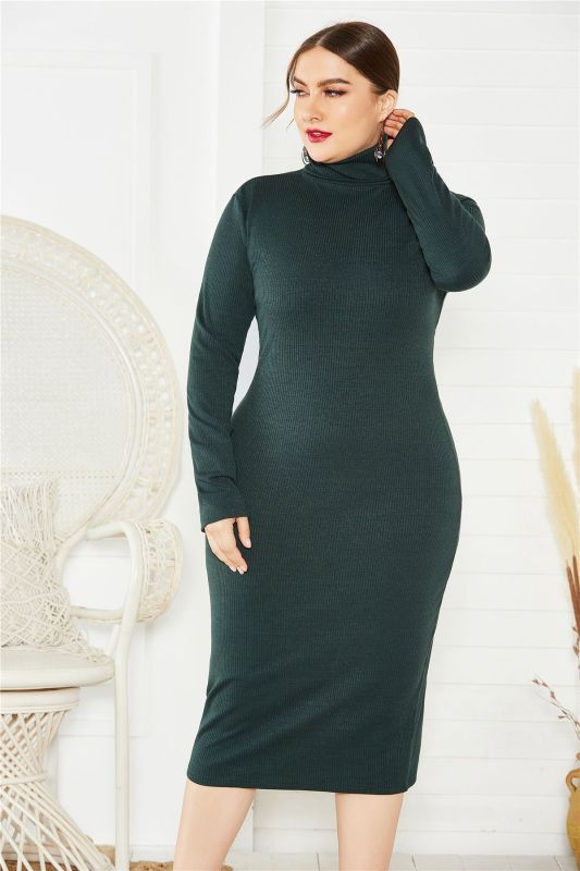 women's plus size solid color knit turtleneck long sleeve dress