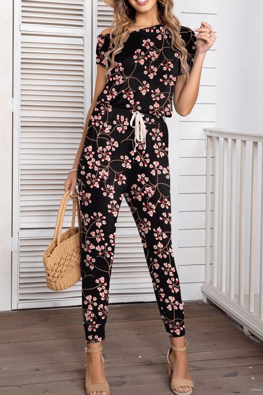 asymmetrical neck short sleeve jumpsuit