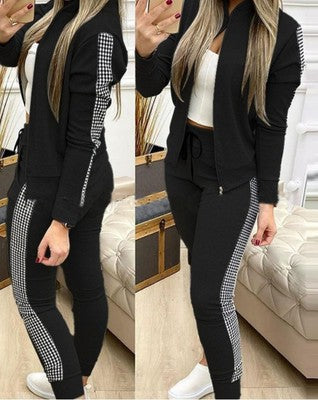 fz women's casual zipper stitching plaid suit