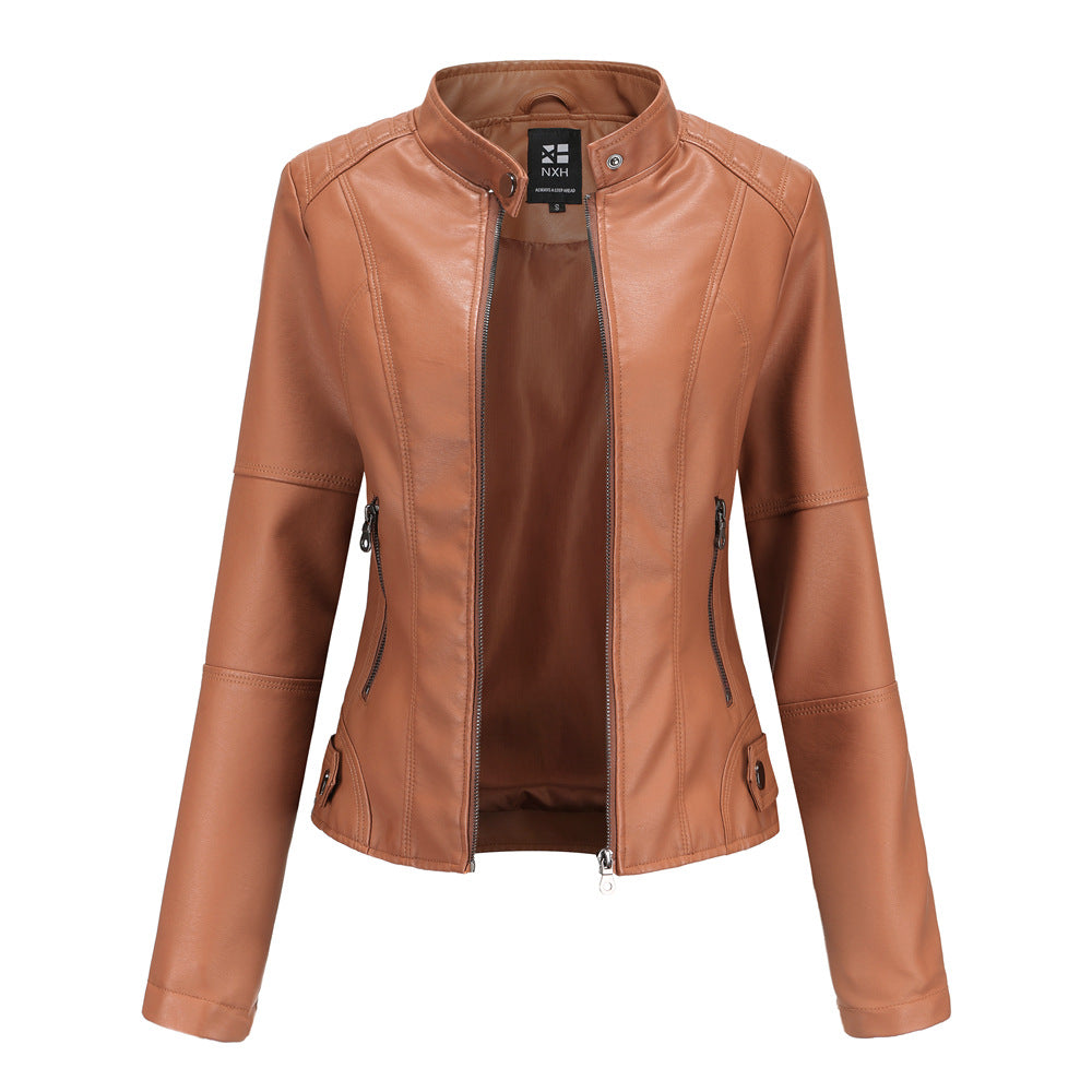 FZ Women's standing collar PU leather jacket - FZwear