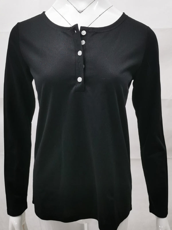 solid button slim long sleeve top bottom shirt