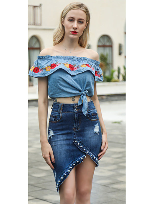 women's irregular beaded pearl denim midi skirt